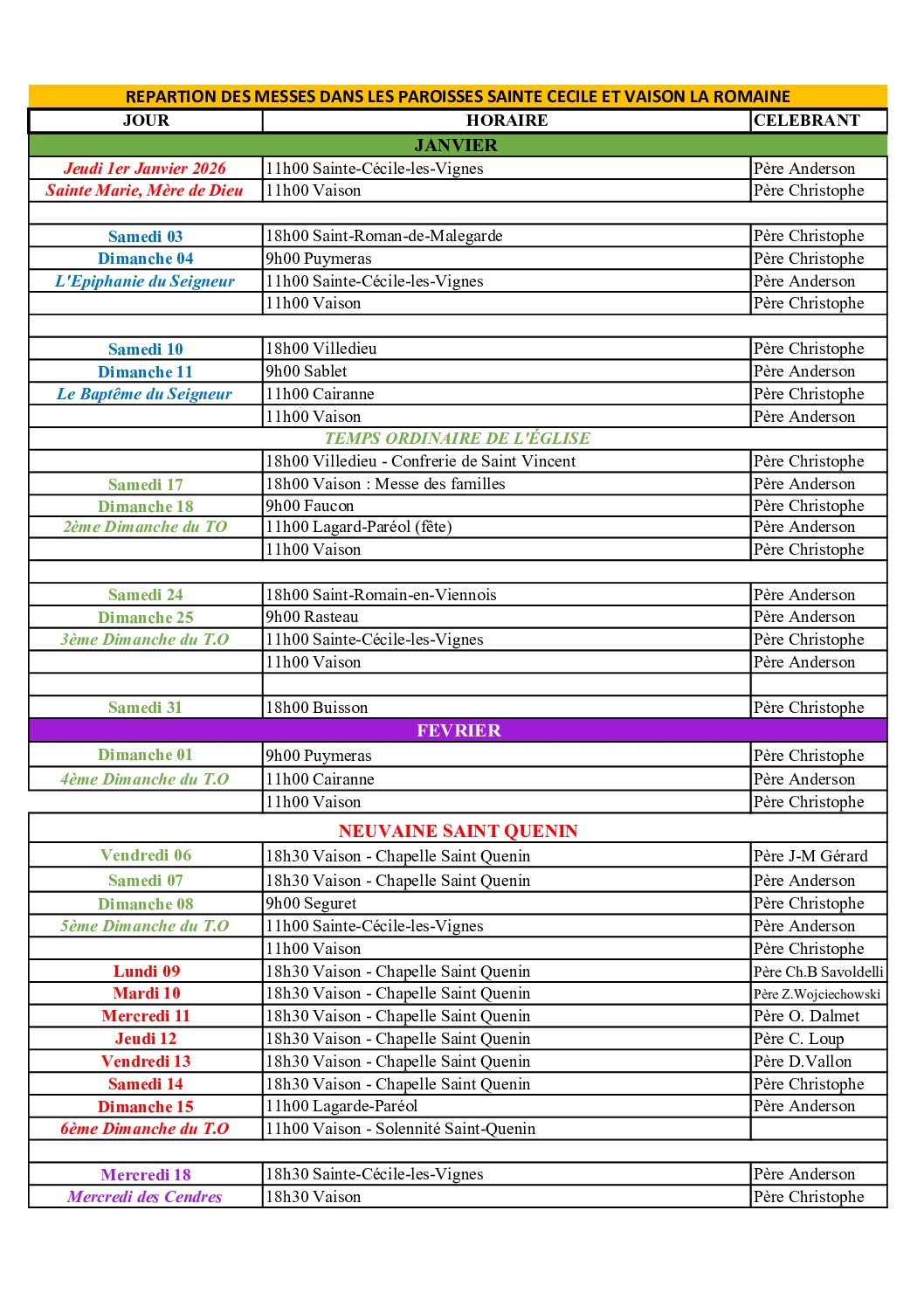 Horaires des messes du 1er trim 2026 - Aperçu