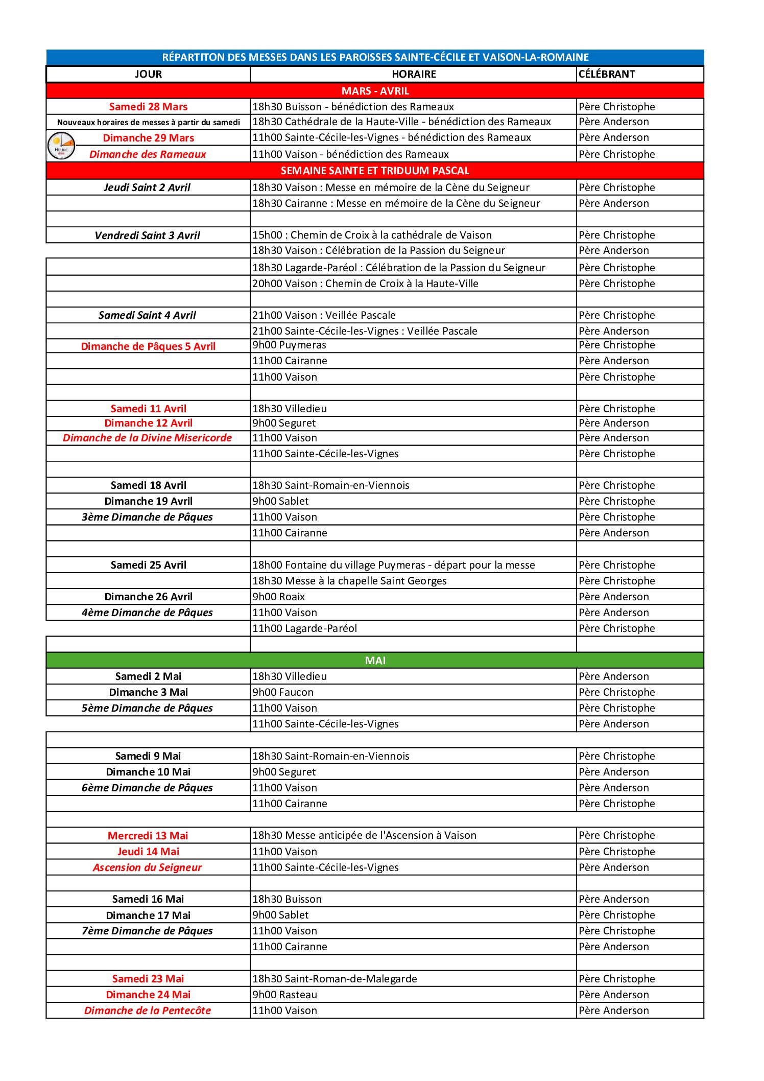 Horaires des messes du 2eme trim 2026 - Aperçu
