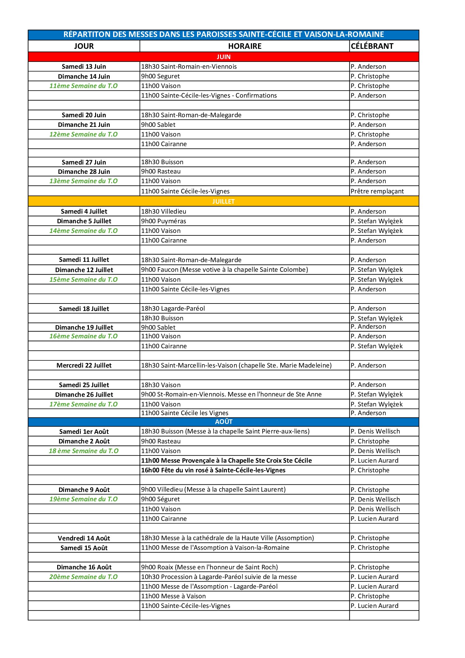 Horaires des messes du 3eme trim 2026 - Aperçu